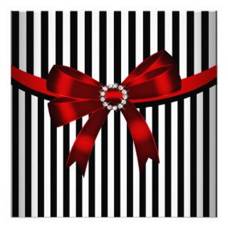 Red Bow Black White Stripe Birthday Party (3) Custom Invite