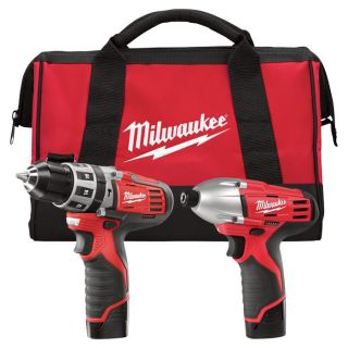 Milwaukee M12 Cordless Combo Kit — 2-Tool Set, 3/8in. Hammer Drill/Driverl & 1/4in. Impact Driver, 12 Volt, Model# 2497-22  Combination Power Tool Kits
