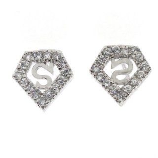 .925 Sterling Silver CZ Crystal Superman Hero Logo Stud Earrings Jewelry