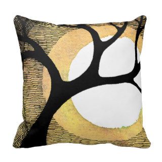 Winter Tree on Gold Background Cross Hatched Pillow