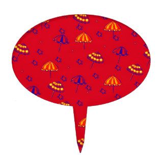 Beach Umbrellas Whimsical Folk Art Red Cake Toppers