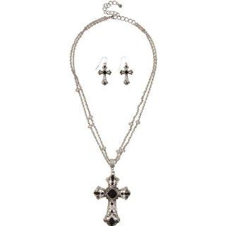 Heirloom Finds Large Marcasite and Black Crystal Antique Silvertone Cross Necklace and Earrings Jewelry