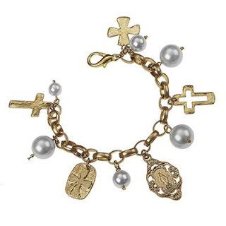 Catholic & Religious Saints Bracelet. St. Mary Charm & Cross & Ivory Pearl Charm Bracelet •Features * Worn Gold Plating * Charm Bracelet * Religious Relics & Cross Charms * Ivory Peals * Approx. Length 7.5" * Lobster Clasp Clo