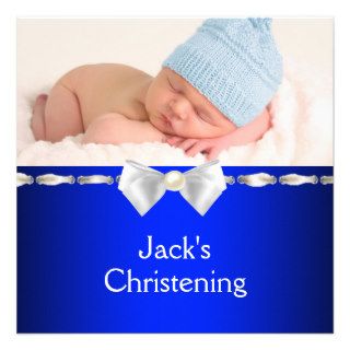 White Navy Blue Baby Boy Photo Christening Personalized Invitations