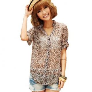 Zcargel Chiffon Women Casual Wild Leopard Shirt Blouse Roll up Shirt