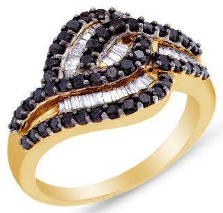 14K Yellow and White Two 2 Tone Gold Invisible & Channel Set Round Brilliant and Baguette Cut Black and White Diamond Ladies Womens Fashion, Wedding Ring OR Anniversary Band (.95 cttw.) Jewelry