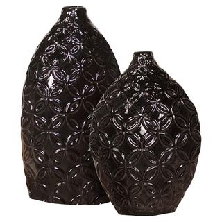 Glossy Black Ceramic Floral Textured Vases (set Of 2)