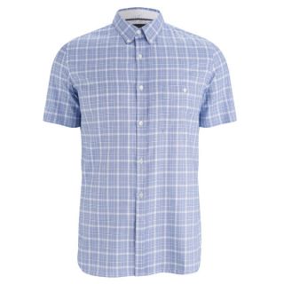 French Connection Mens Soldier Peached Short Sleeve Shirt   Blue Oxford Check      Mens Clothing