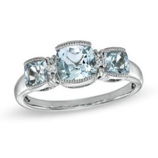 Cushion Cut Aquamarine and Diamond Accent Three Stone Ring in Sterling