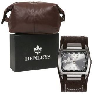 Henleys Mens Brown Strap Watch With Brown Washbag      Clothing