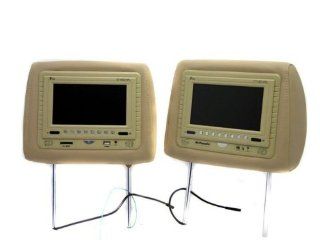 Pair of New Tview T718dvpl tan Headrests with 7" Tft Car Monitors Built in + Built in Dvd/cd//divx Player + Built in Fm Modulator + Ir Transmitter + Usb Input and Sd Card Reader + 2 Remotes + 2 Year Warranty  Vehicle Headrest Video  Car Electroni
