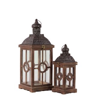 Rustic Antique Finish Wooden Lantern (set Of 2)