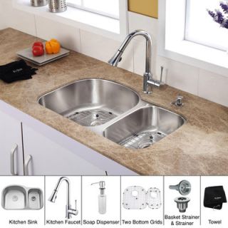 Kraus Undermount Double Bowl Kitchen Sink with Faucet and Soap