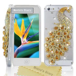Mavis's Diary New 3d Handmade Bling Yellow Peacock Diamond Cover Case Hard Clear for Apple Iphone 5 5s with Soft Clean Cloth Cell Phones & Accessories
