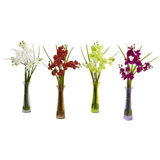 Mini Phalaenopsis And Colored Vases (set Of 4)