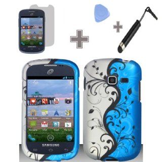 Rubberized Blue Black Silver Vine Flower Snap on Design Case Hard Case Skin Cover Faceplate with Screen Protector, Case Opener and Stylus Pen for Samsung Galaxy Discover S730g / Galaxy Centura S738c   StraightTalk/ Net 10/ Tracfone Cell Phones & Acces