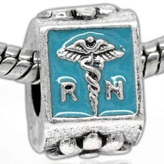 One (1) Silver Tone Enamel RN (Registered Nurse) Caduceus Charm Bead Fits Pandora Troll Chamilia Biagi Bracelet Jewelry