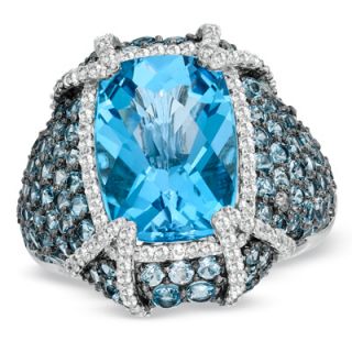 Cushion Cut Blue and White Topaz Ring in Sterling Silver   Size 8