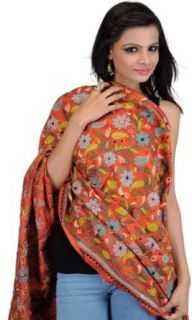 Exotic India Rust Dupatta Wrap with Kantha Stitched Embroidered Flowers b   Rust