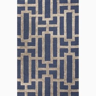 Hand made Geometric Pattern Blue/ Tan Wool/ Art Silk Rug (5x8)