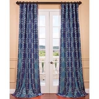 Romanian Iridescent Blue Embroidered Faux Silk Curtain Panel