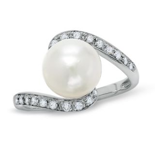 5mm Cultured Freshwater Pearl and Diamond Bypass Ring in 10K White