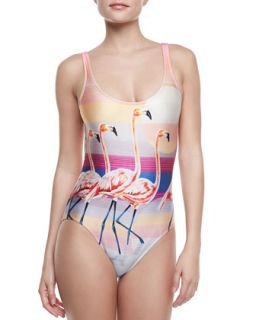 Womens Flamingo Print Scoop Neck One Piece Swimsuit   We Are Handsome