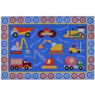 Childrens Construction Machinery Design Blue Area Rug (5 X 66)
