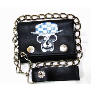 Hollywood Tag Skull With Hat Leather Tri fold Chain Wallet