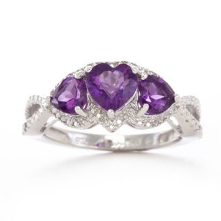 Heart Shaped Amethyst and Diamond Accent Three Stone Ring in Sterling