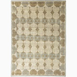 Hand made Abstract Pattern Ivory/ Blue Wool Rug (8x10)