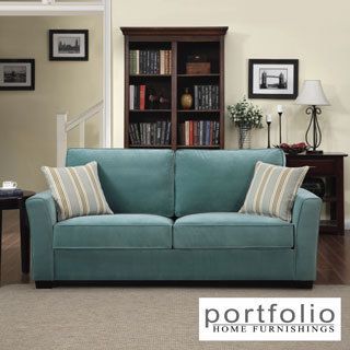 Portfolio Tara Turquoise Blue Velvet Sofa With Summer Blue Stripe Accent Pillows