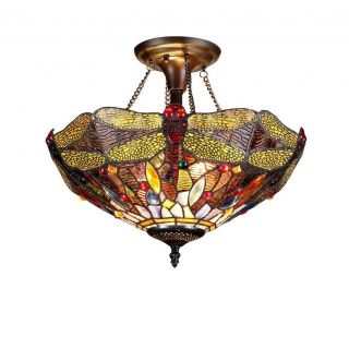 Tiffany Style Dragonfly Design Exotic Colorful Glass 2 light Flush Mount Lighting Fixture