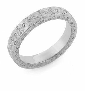 Hand Carved Floral Wedding Band, 14K White Gold Jewelry