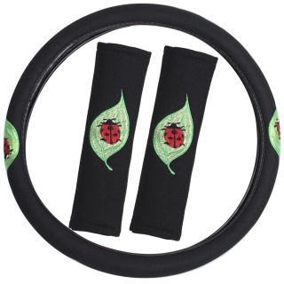 Oxgord Cute Red Ladybug Green Leaf 3 piece Steering Wheel Cover And Seat Belt Pads Set
