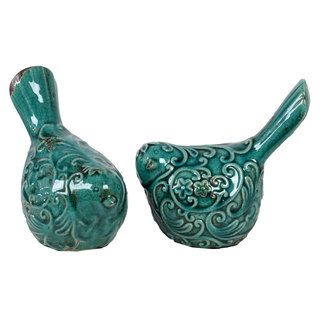 Antique Blue Ceramic Birds (set Of 2)