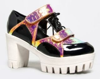 Privileged CAPTAIN Iridescent Holographic Lace Up Lug Sole Heeled Bootie Shoes