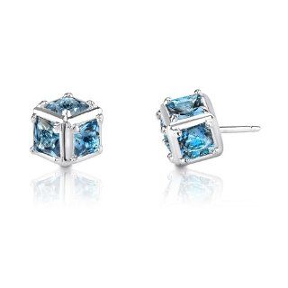 2.00 Carats Princess Cut London Blue Topaz Earrings in Sterling Silver Rhodium Nickel Finish Stud Earrings Jewelry
