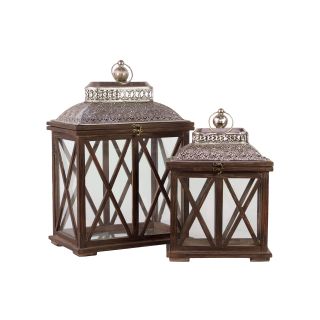 Brown Antiqued Wooden Lanterns (set Of 2)