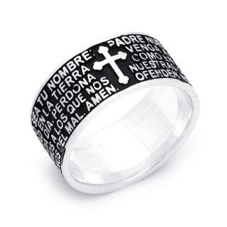 Sterling Silver Black Rhodiumed Spanish Lord's Prayer Engraved with Cross Padre Nuestro Praying Ring Band Rings Jewelry