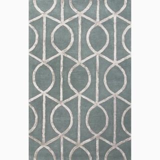 Hand made Geometric Pattern Blue/ Gray Wool/ Art Silk Rug (8x11)