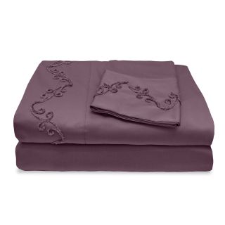Veratex Grand Luxe 500 Thread Count Egyptian Cotton Deep Pocket Sheet Set With Chenille Embroidered Scroll Design Purple Size Twin