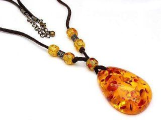 Hippie Style Bohemian 18" to 20" Suede Necklace with Huge Faux Amber Stone Pendant Jewelry
