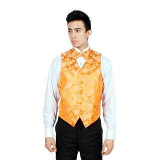 Ferrecci Ferrecci Mens Orange Paisley Vest Bowtie Necktie And Handkerchief Set Orange Size XS