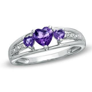 Heart Shaped Amethyst Three Stone and Diamond Accent Ring in Sterling