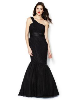 One Shoulder Swiss Dot Pleated Gown by ML Monique Lhuillier