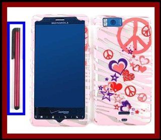 Case Cover for Motorola MB810 DROID X / MB870 DROID X2 Rubber Zebra Pink Heart and Peace Shape Design Snap on Case Cover Front/Back + Red Stylus Touch Screen Pen Cell Phones & Accessories