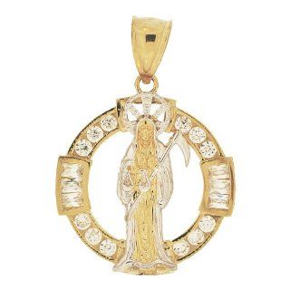 14k Yellow Gold White Rhodium, Death Grim Reaper Santa Muerte Pendant Charm Lab Created Gems Muerte Jewelry Jewelry