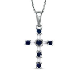 Sapphire and 1/10 CT. T.W. Baguette Diamond Cross Pendant in 10K White