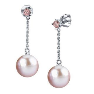 0mm Pink Cultured Pearl and Tourmaline Drop Earrings in Sterling